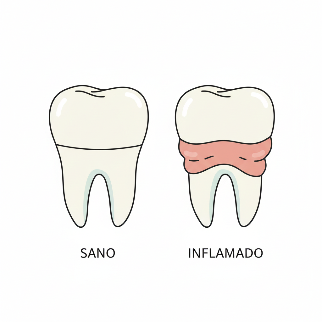 ilustración médica sencilla de un diente con encía sana al lado de otro diente con encía ligeramente enrojecida, estilo dibujo plano vectorial, sin sangre, sin detalles desagradables, fondo blanco, colores suaves, enfo