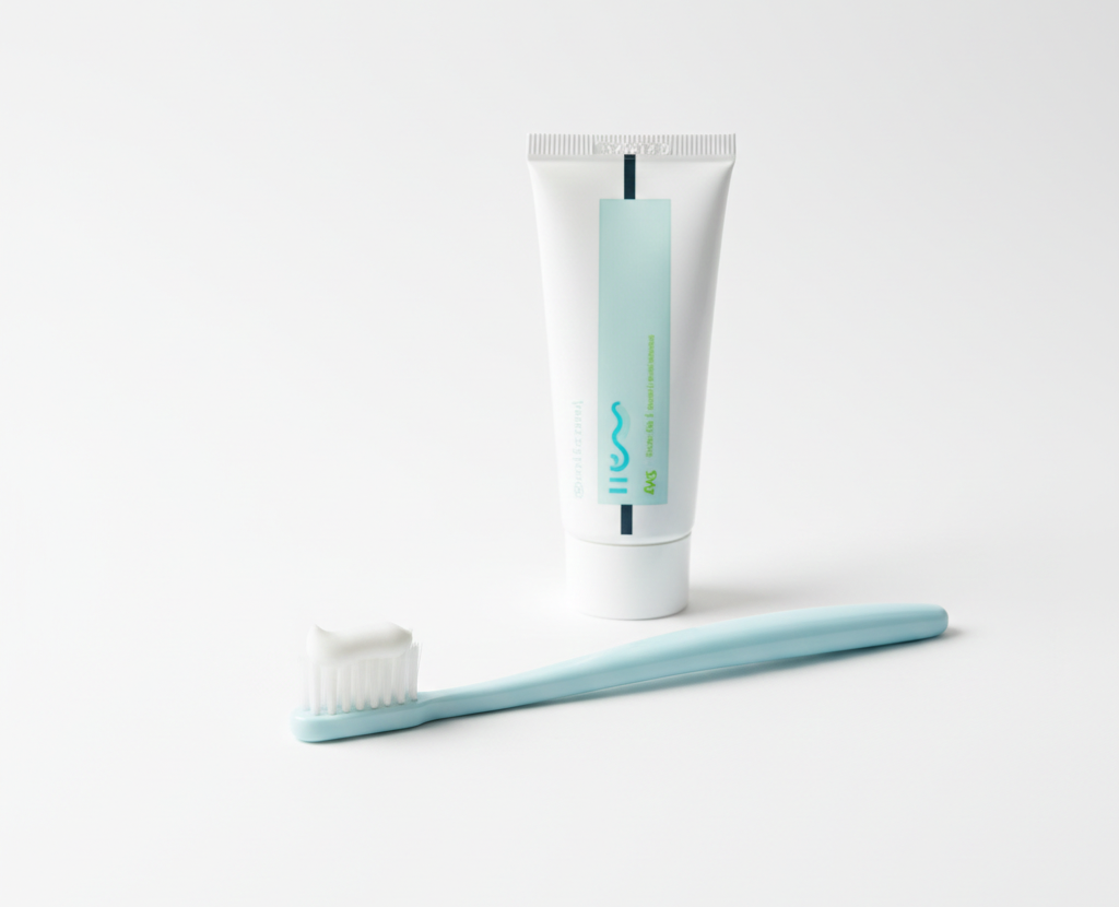 fotografía de un cepillo de dientes de cerdas suaves junto a un tubo de pasta dental sobre fondo blanco, estilo foto de banco de imágenes, iluminación limpia y profesional, sin personas, composición minimalista, colore