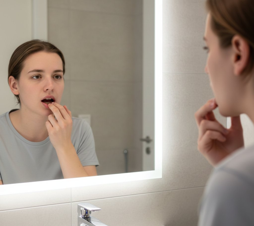 persona joven mirando su boca en el espejo del baño, levantando ligeramente el labio para ver las encías, gesto de ligera preocupación pero tranquilo, estilo fotográfico realista, sin sangre visible, enfoque general si
