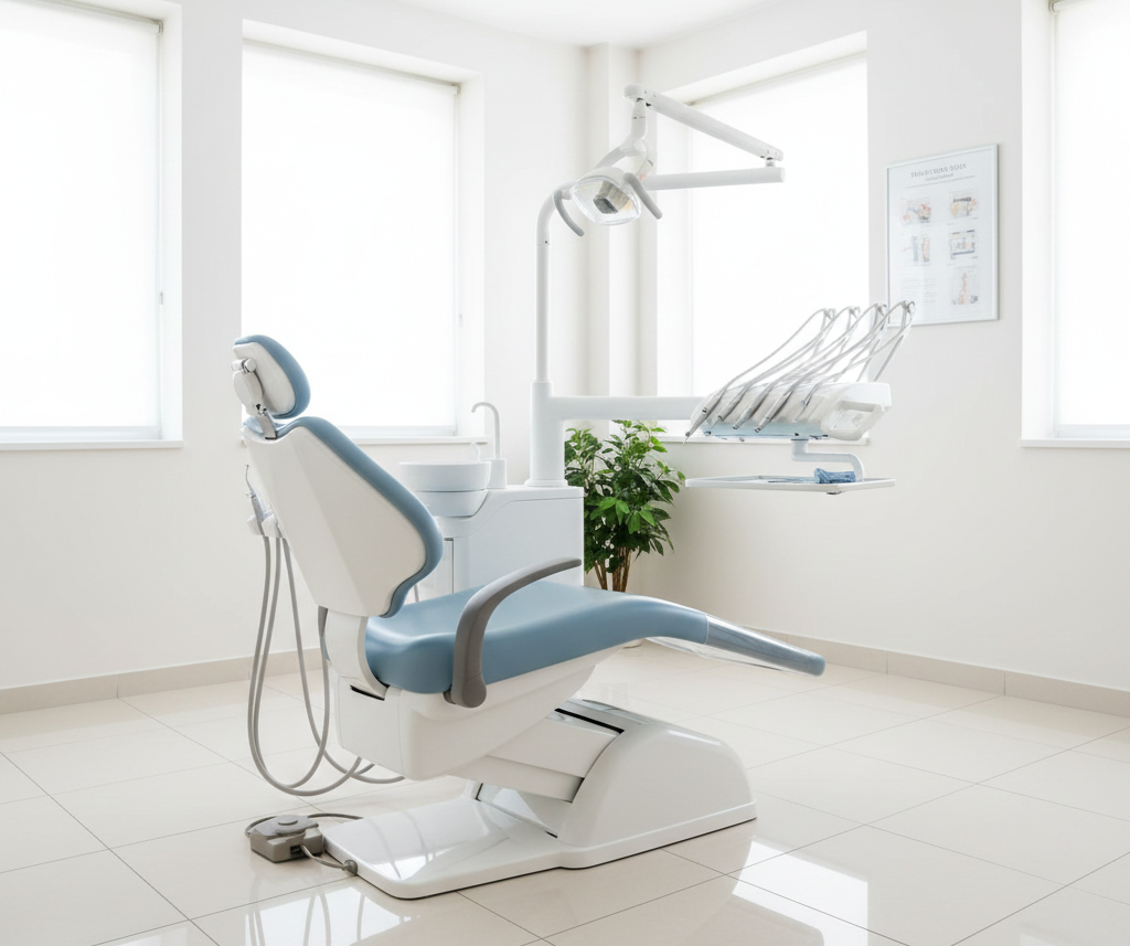 sillón dental moderno en una clínica luminosa y ordenada, sin paciente, sin instrumentos invasivos en primer plano, estilo fotográfico realista, tonos blancos y azules, aspecto profesional y acogedo