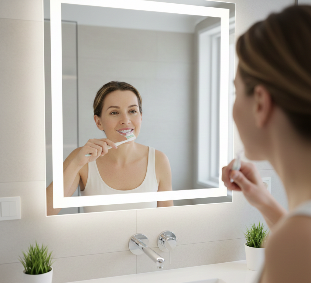 persona adulta cepillándose los dientes frente al espejo del baño, expresión tranquila, estilo fotográfico realista, iluminación suave, encías y dientes sin sangre ni primeros planos extremos, baño moderno y limpio