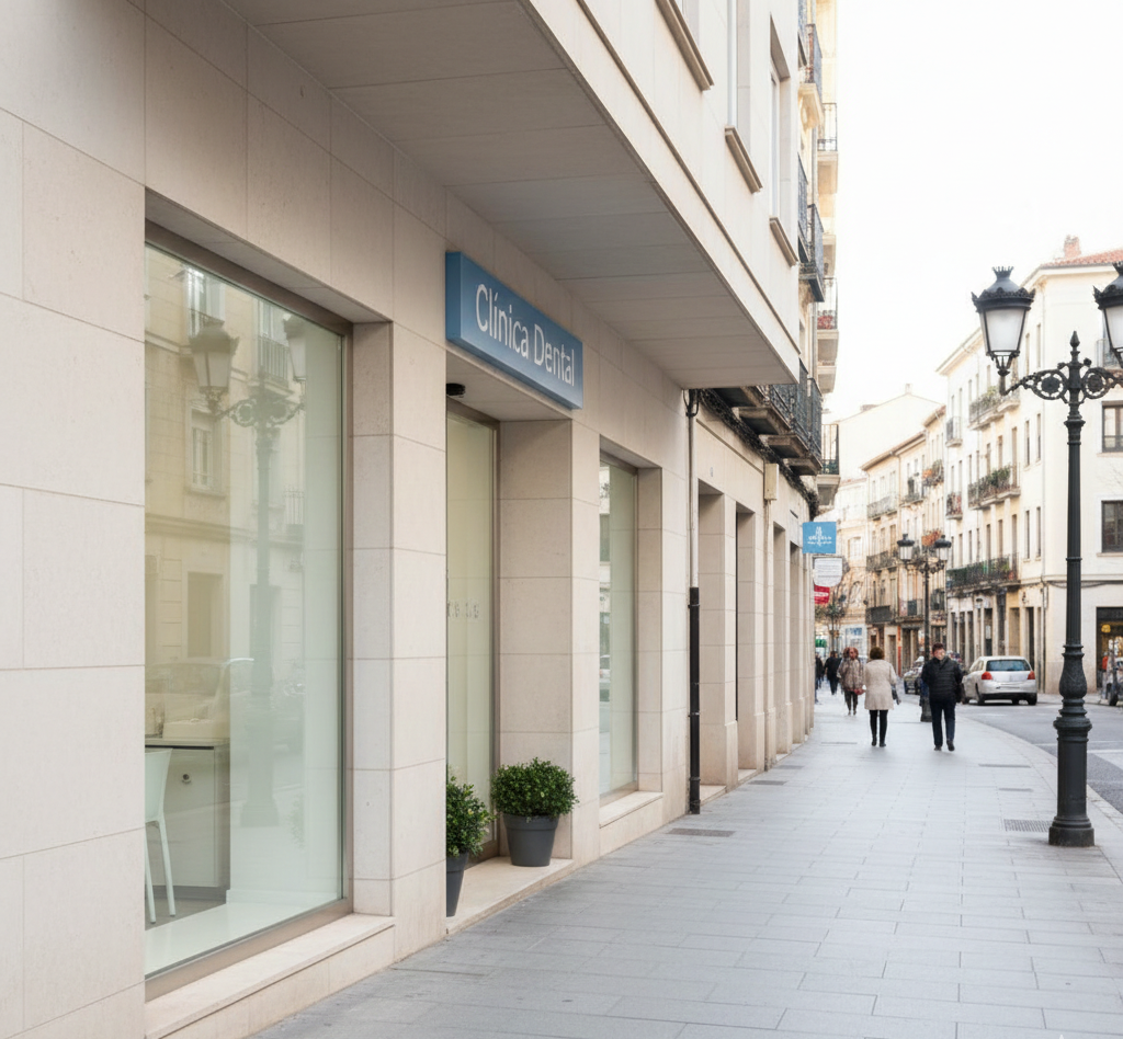 fachada de una clinica dental moderna en el centro de una ciudad