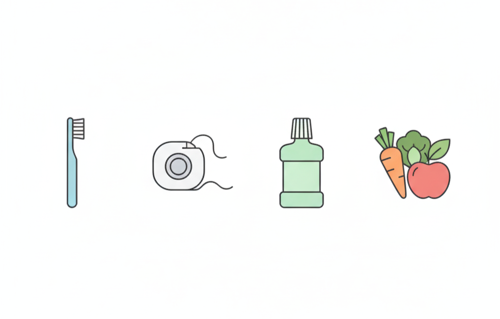 infografía minimalista sobre higiene dental con 4 iconos cepillo de dientes, hilo dental, enjuague bucal y frutas o verduras, estilo flat design, fondo blanco, colores pastel, sin texto dentro de la imagen, pensada par