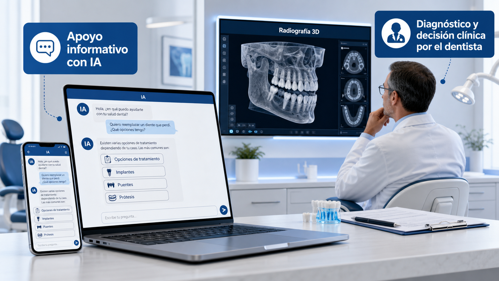 IA como apoyo informativo y dentista tomando decisiones clínicas